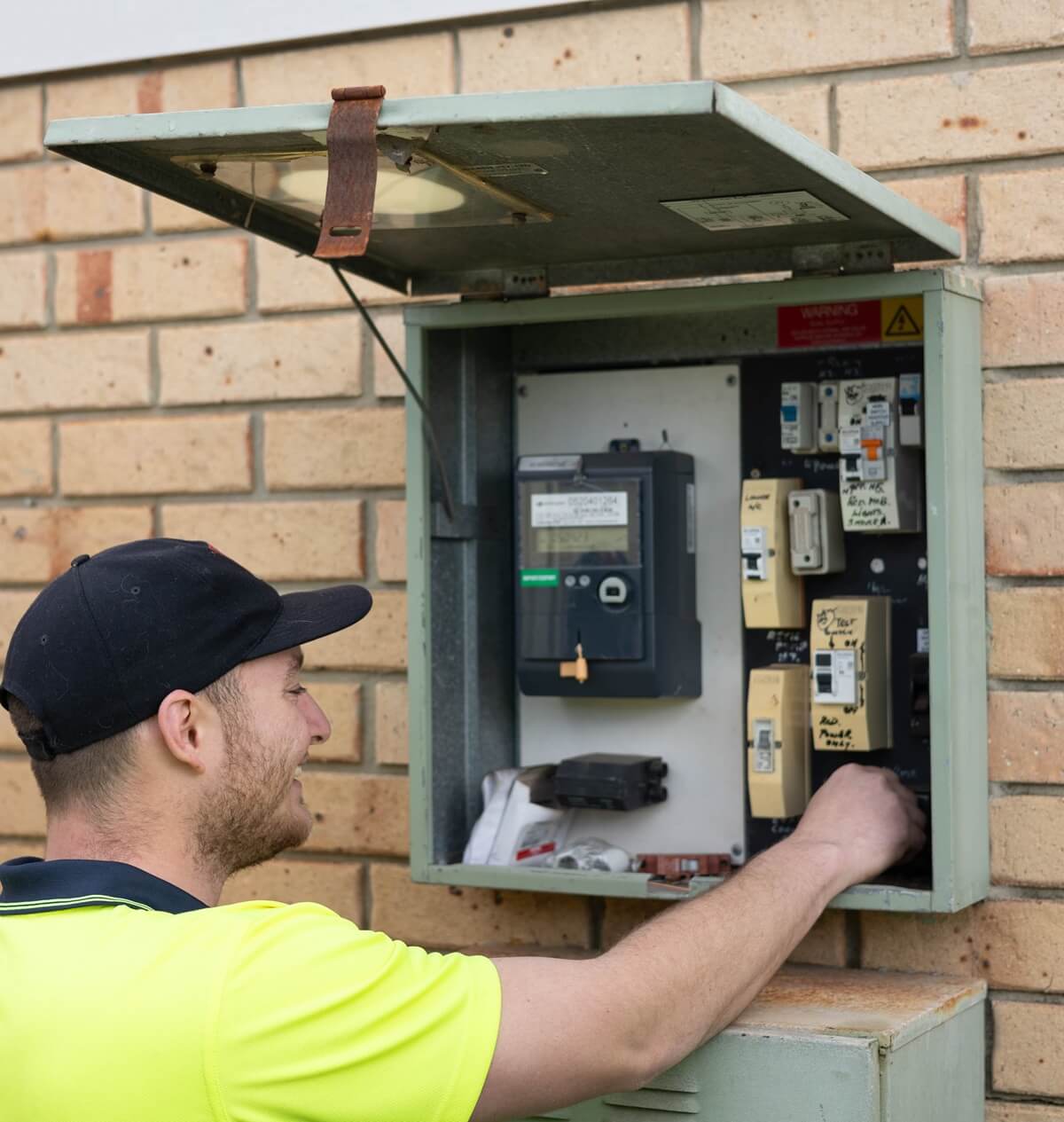 Electrician in a high-vis shirt and cap inspecting an outdoor residential switchboard mounted on a brick wall, checking circuit breakers and safety switches