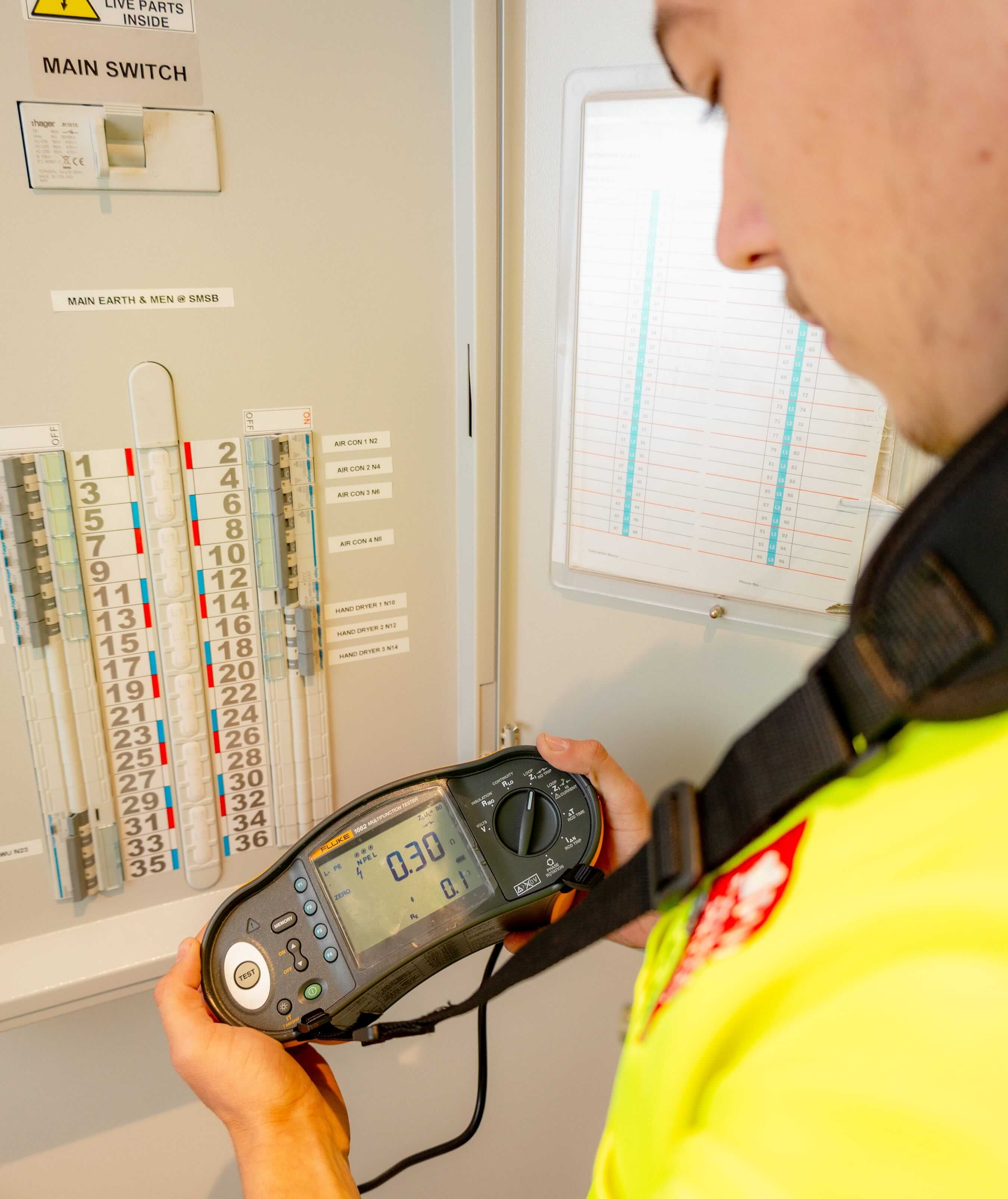 PWA Electrical Services electrician testing a residential switchboard using a multifunction electrical testing device.